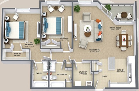 Floor plan for 2 beds, 2 baths, 1203 sqft